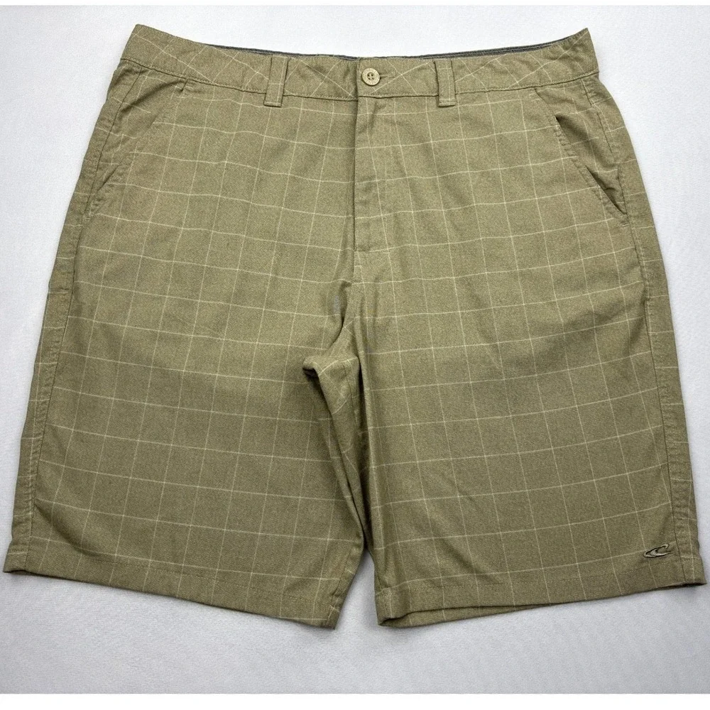 ONeill Hybrid Shorts Mens 36 Khaki Windowpane Grid Check Walk Board Shorts Swim